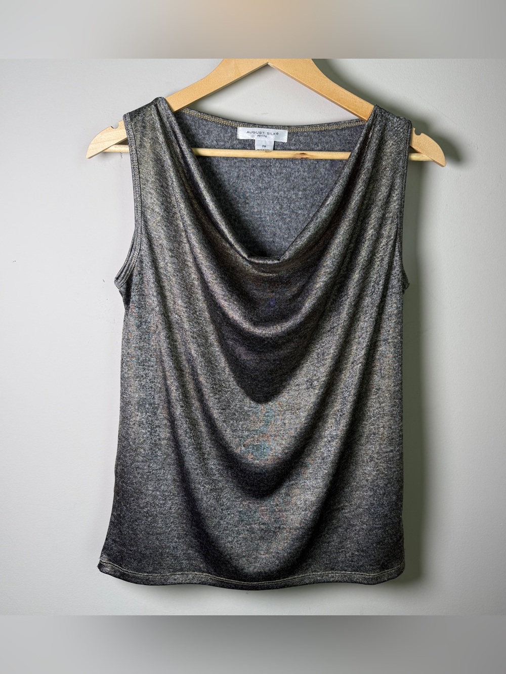 August Silk Petite Metallic Cowl Neck Draped Tank | Size PM | Old Money Casual